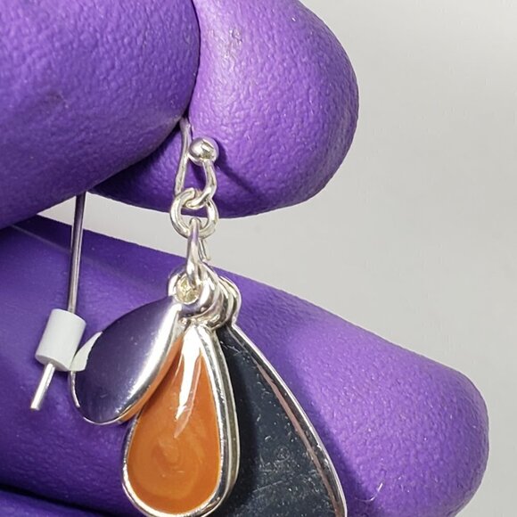 Elegant Triple Teardrop Dangle Earrings – Polished Silver & Brown Enamel, 1.5” - Picture 7 of 7